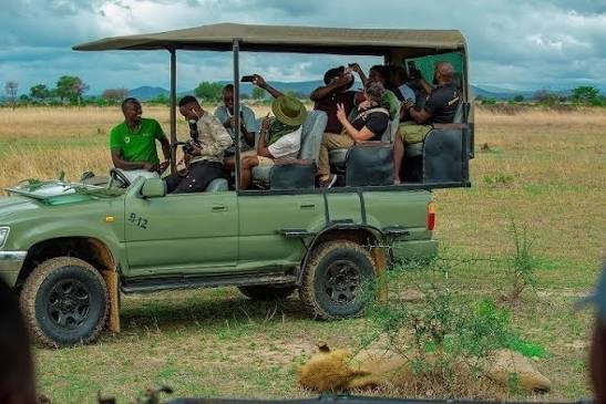 Rufiji River landscape in Nyerere National Park with wildlife along the banks