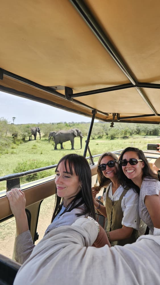 Family in the Serengeti spotting elephants on game drive