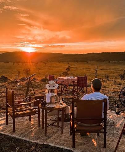 Breathtaking African sunset with silhouettes of acacia trees in Serengeti